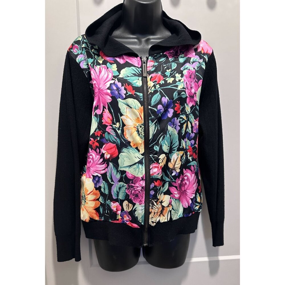 SIONI Black Floral Hooded Zip-up Jacket Soft Cozy 52% Viscose Sz L NWT